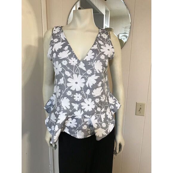Anthropologie Paper Crown Peplum Tank Neutral Graphic Striped Floral V-Neck Sm - Picture 1 of 4